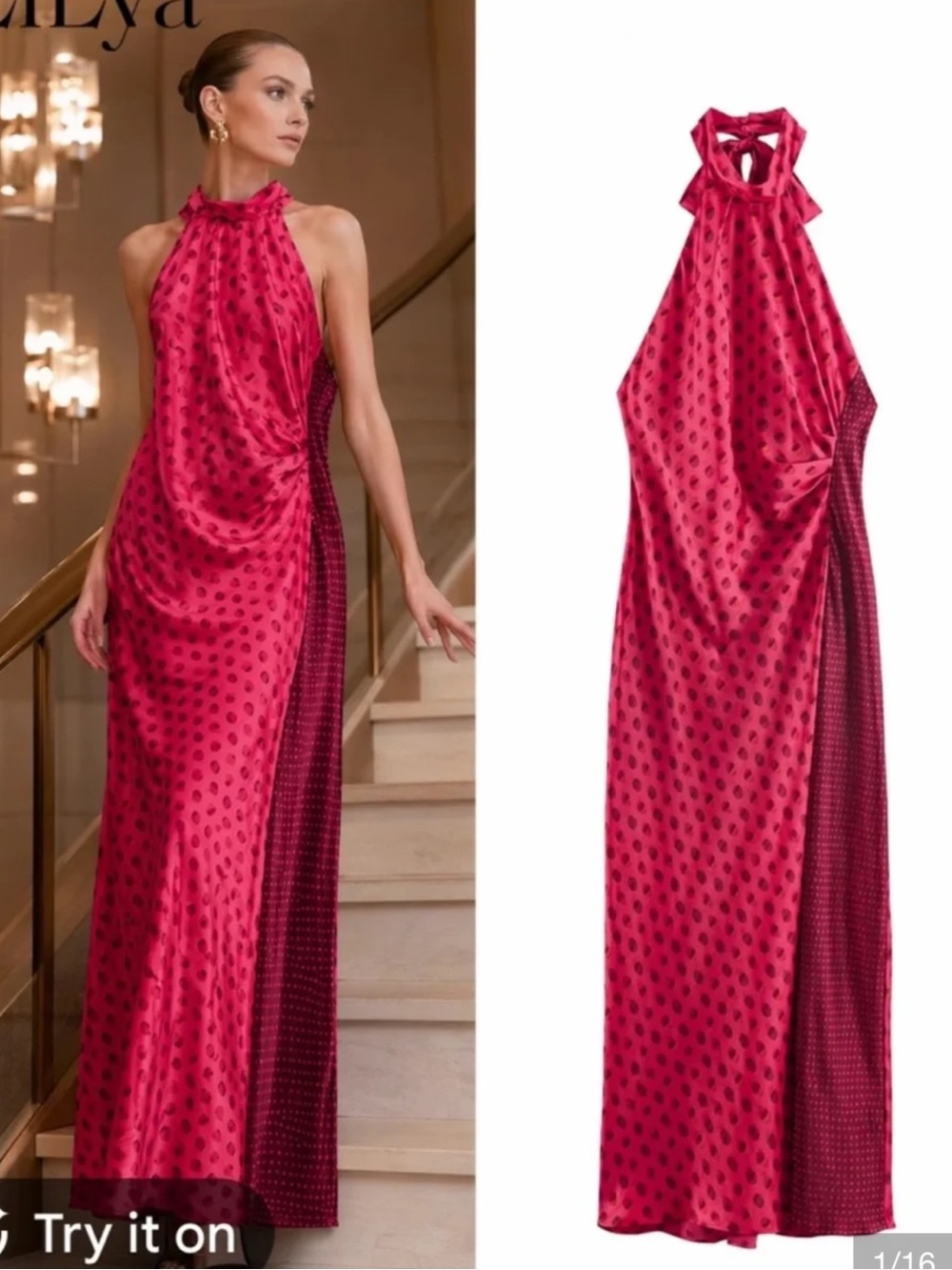 Zara Hot Pink Polka Dot Halter Maxi Dress